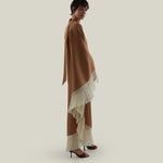 Andes Dress in Camel-Ivory - Linen one shoulder contrast fringe-trimmed dress 