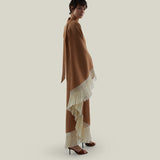 Andes Dress in Camel-Ivory - Linen one shoulder contrast fringe-trimmed dress 