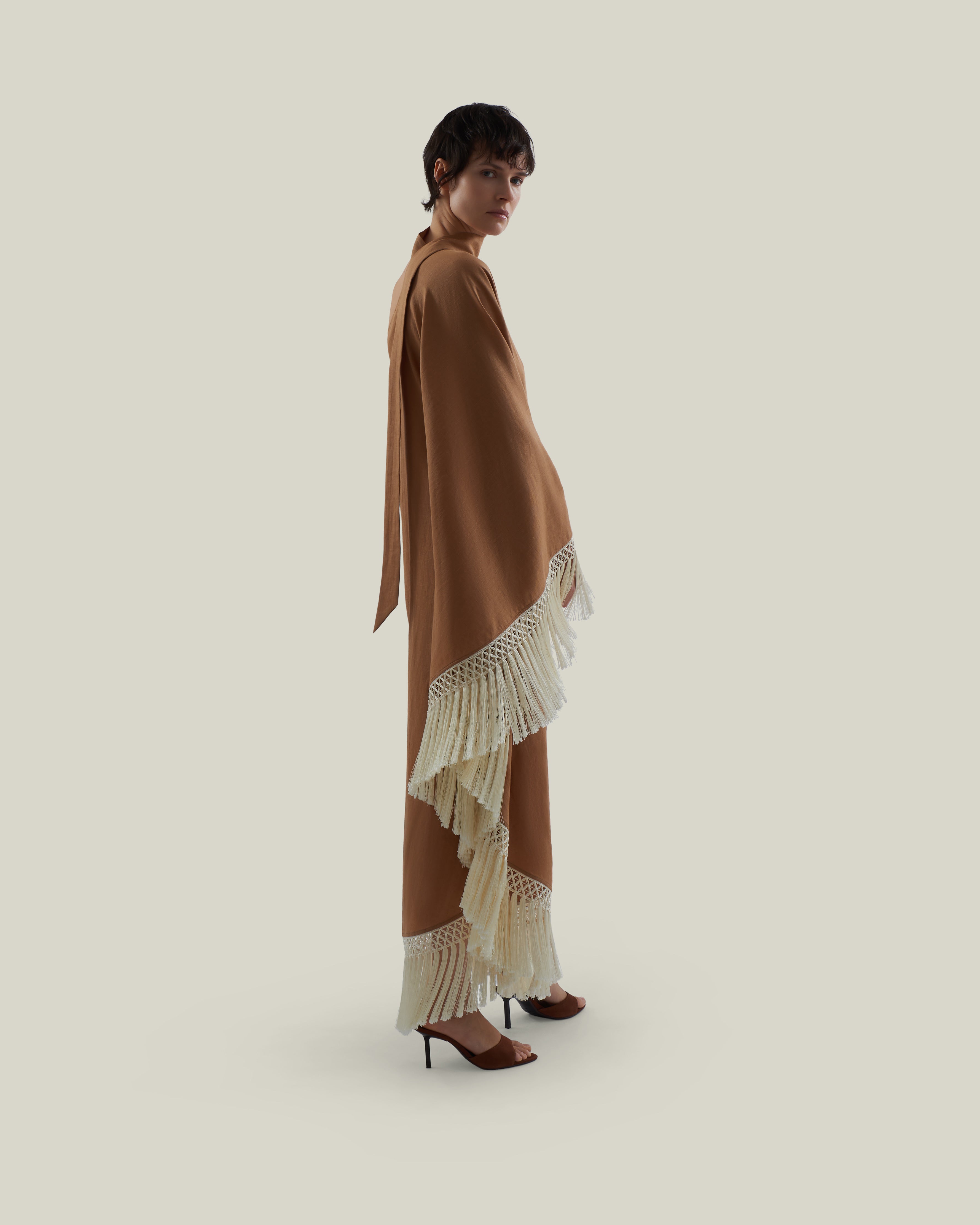 Andes Dress in Camel-Ivory - Linen one shoulder contrast fringe-trimmed dress 