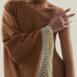 Andes Dress in Camel-Ivory - Linen one shoulder contrast fringe-trimmed dress 