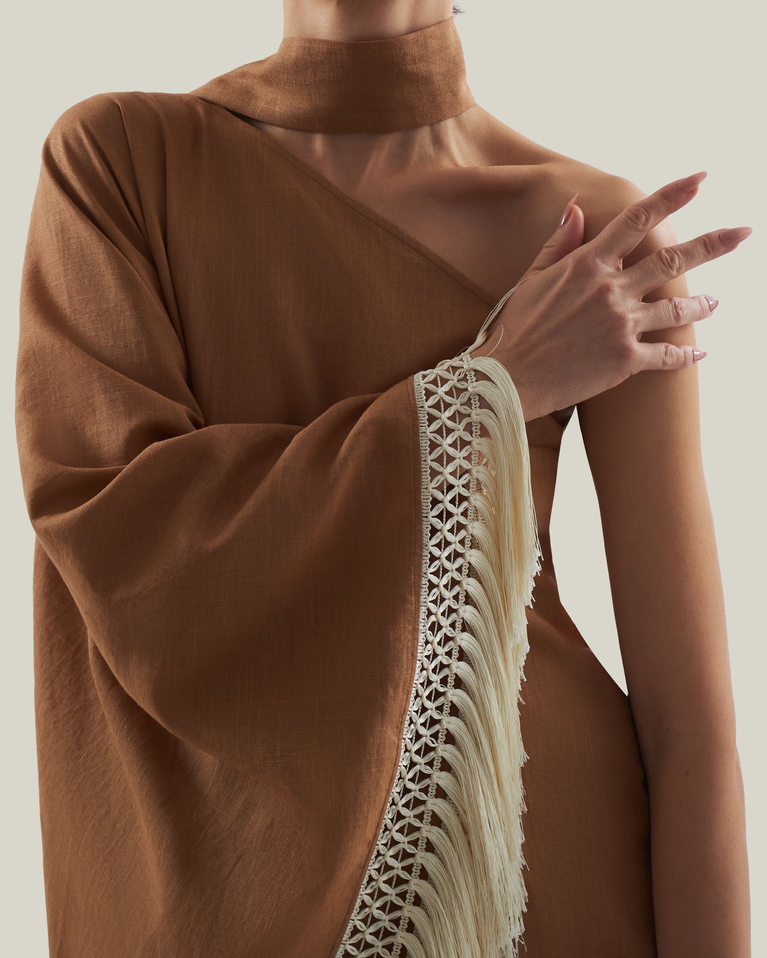 Andes Dress in Camel-Ivory - Linen one shoulder contrast fringe-trimmed dress 