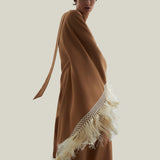 Andes Dress in Camel-Ivory - Linen one shoulder contrast fringe-trimmed dress 