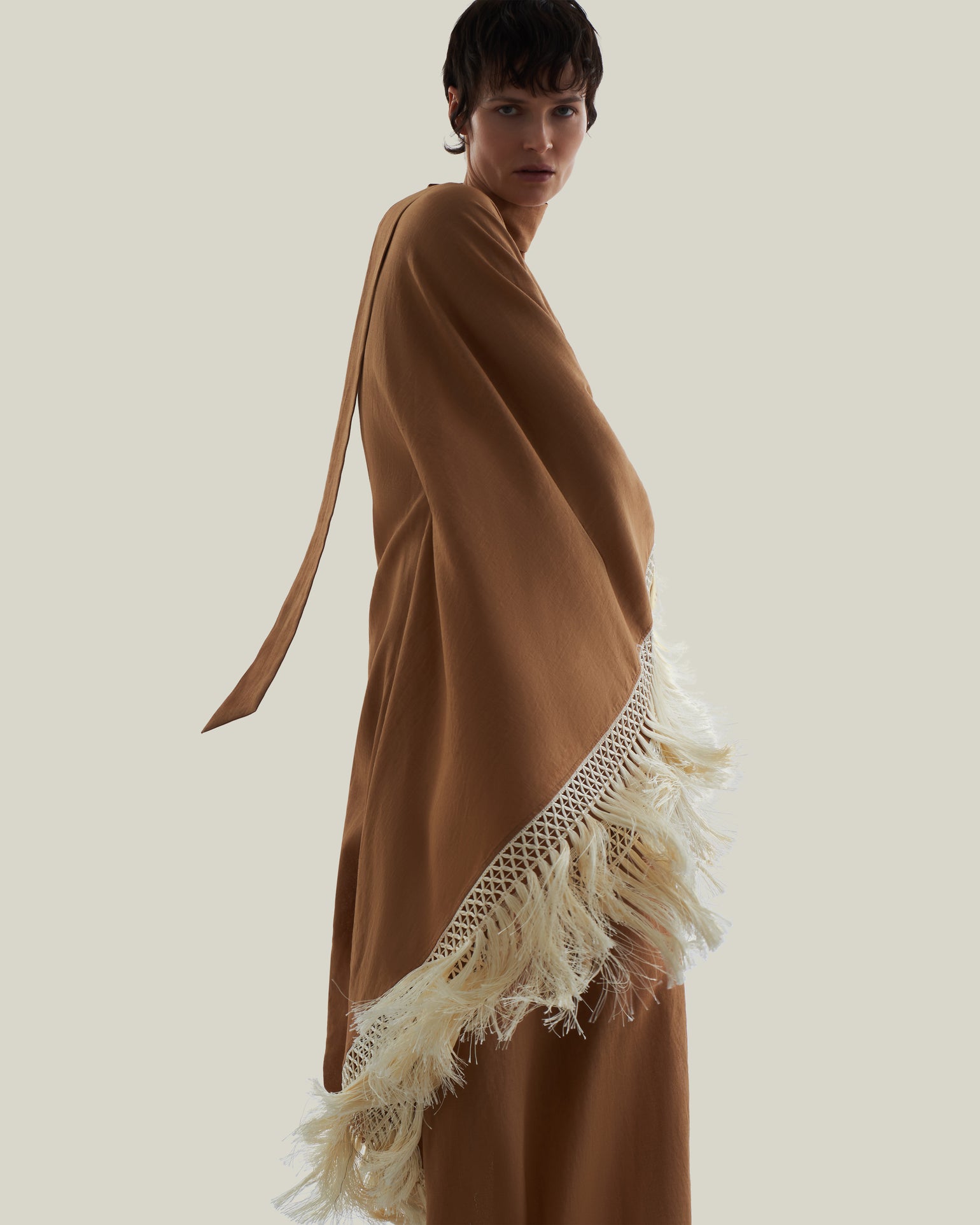 Andes Dress in Camel-Ivory - Linen one shoulder contrast fringe-trimmed dress 