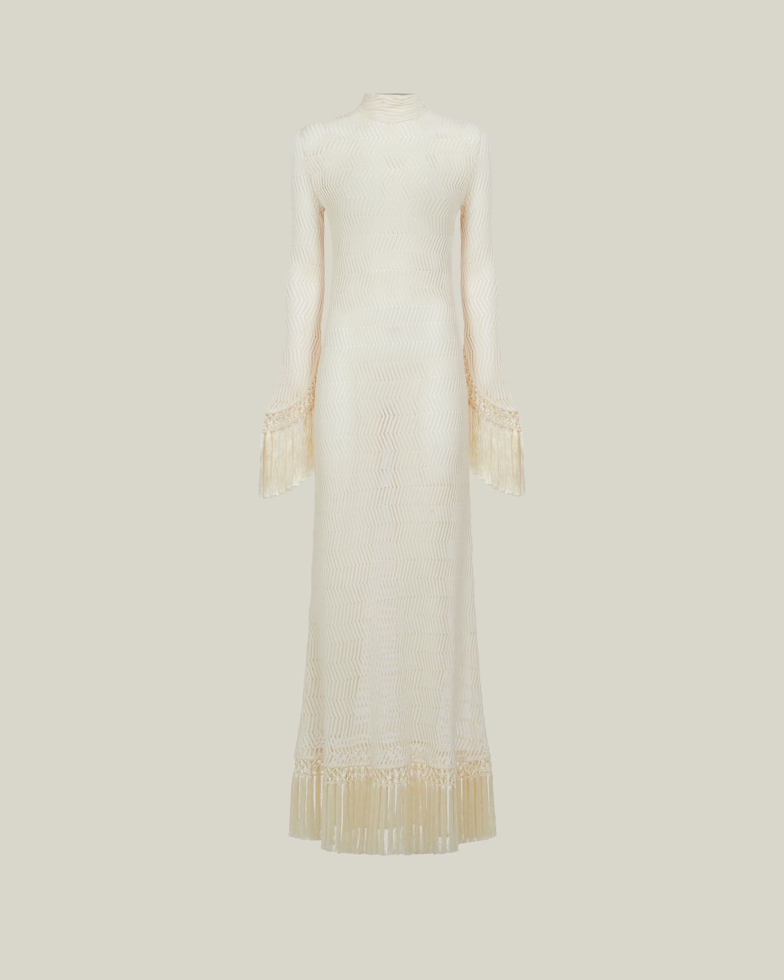 New Mexico Dress in Ivory - Knit long sleeved high neck fringed maxi dress