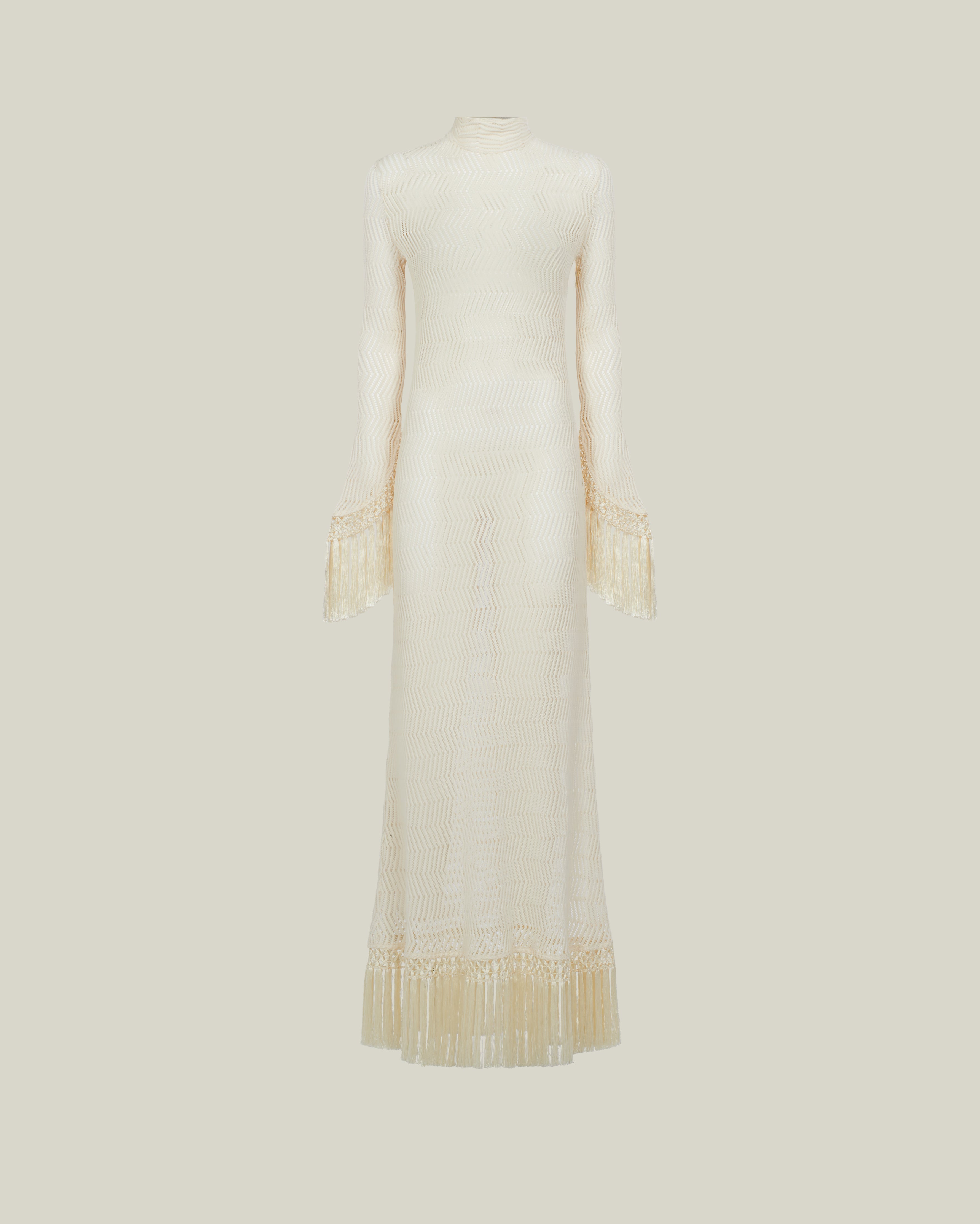 New Mexico Dress in Ivory - Knit long sleeved high neck fringed maxi dress