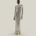 New Mexico Dress in Ivory - Knit long sleeved high neck fringed maxi dress
