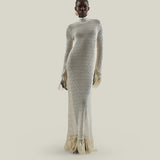 New Mexico Dress in Ivory - Knit long sleeved high neck fringed maxi dress