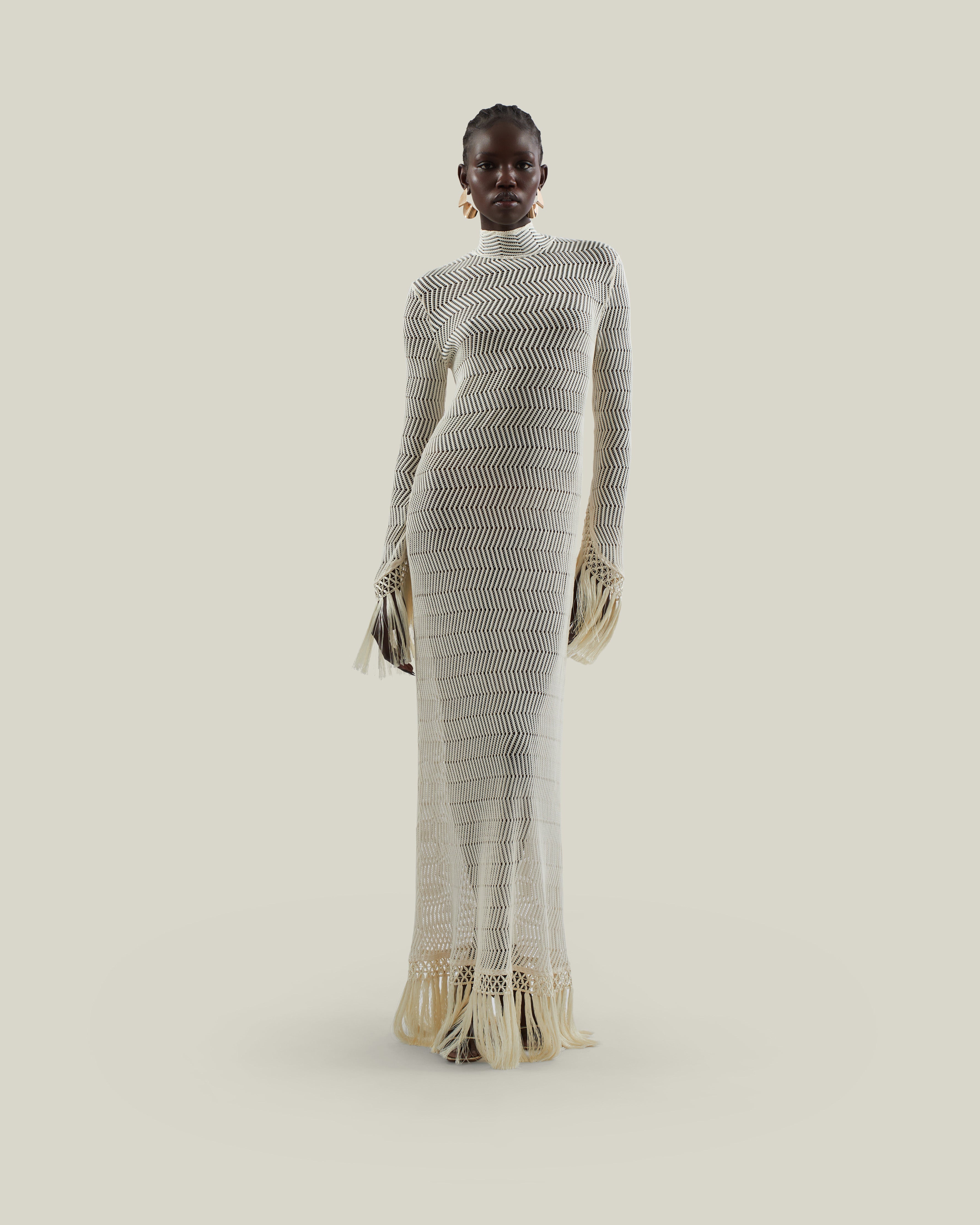 New Mexico Dress in Ivory - Knit long sleeved high neck fringed maxi dress