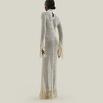 New Mexico Dress in Ivory - Knit long sleeved high neck fringed maxi dress