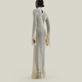 New Mexico Dress in Ivory - Knit long sleeved high neck fringed maxi dress