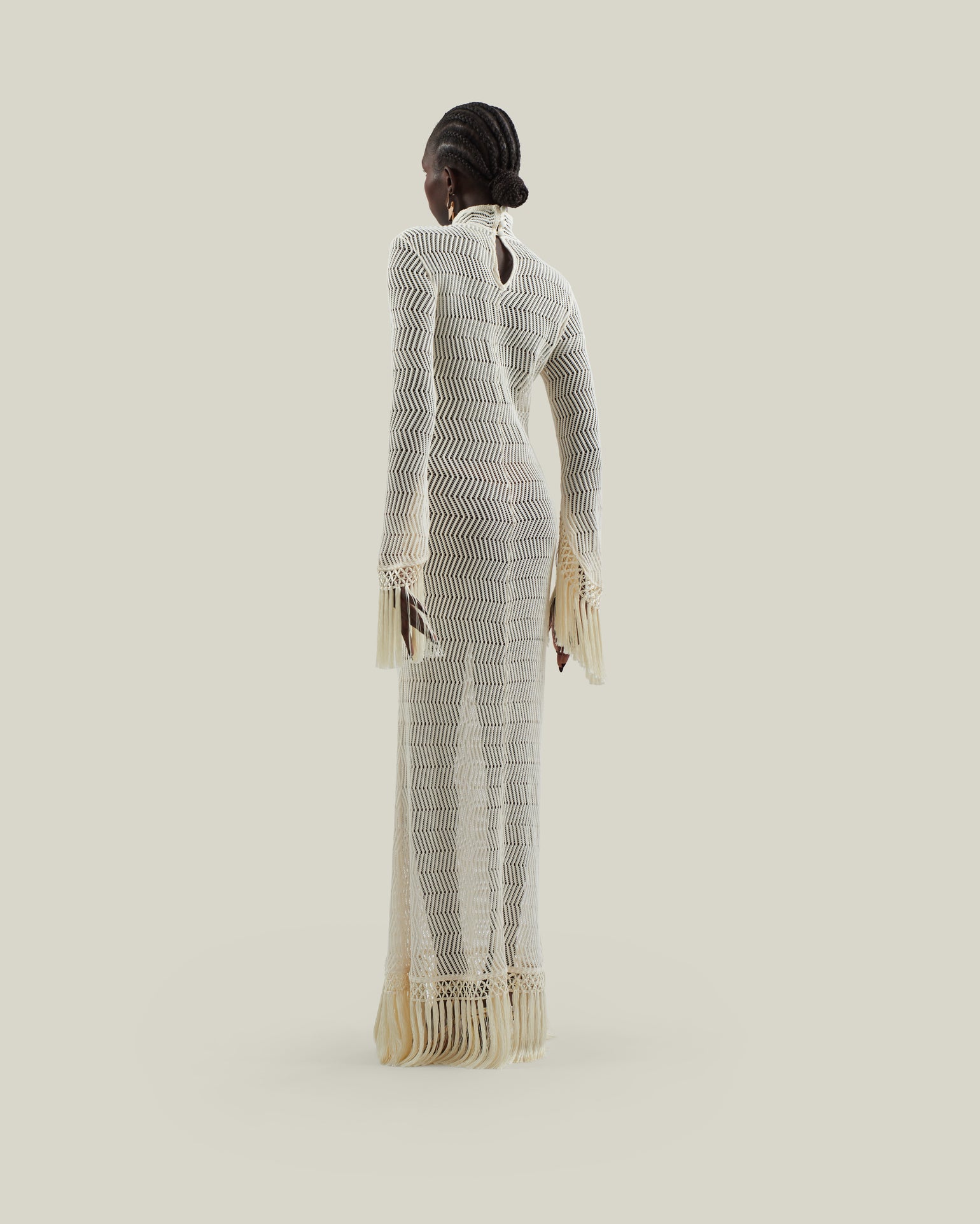 New Mexico Dress in Ivory - Knit long sleeved high neck fringed maxi dress