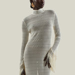 New Mexico Dress in Ivory - Knit long sleeved high neck fringed maxi dress