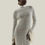 New Mexico Dress in Ivory - Knit long sleeved high neck fringed maxi dress