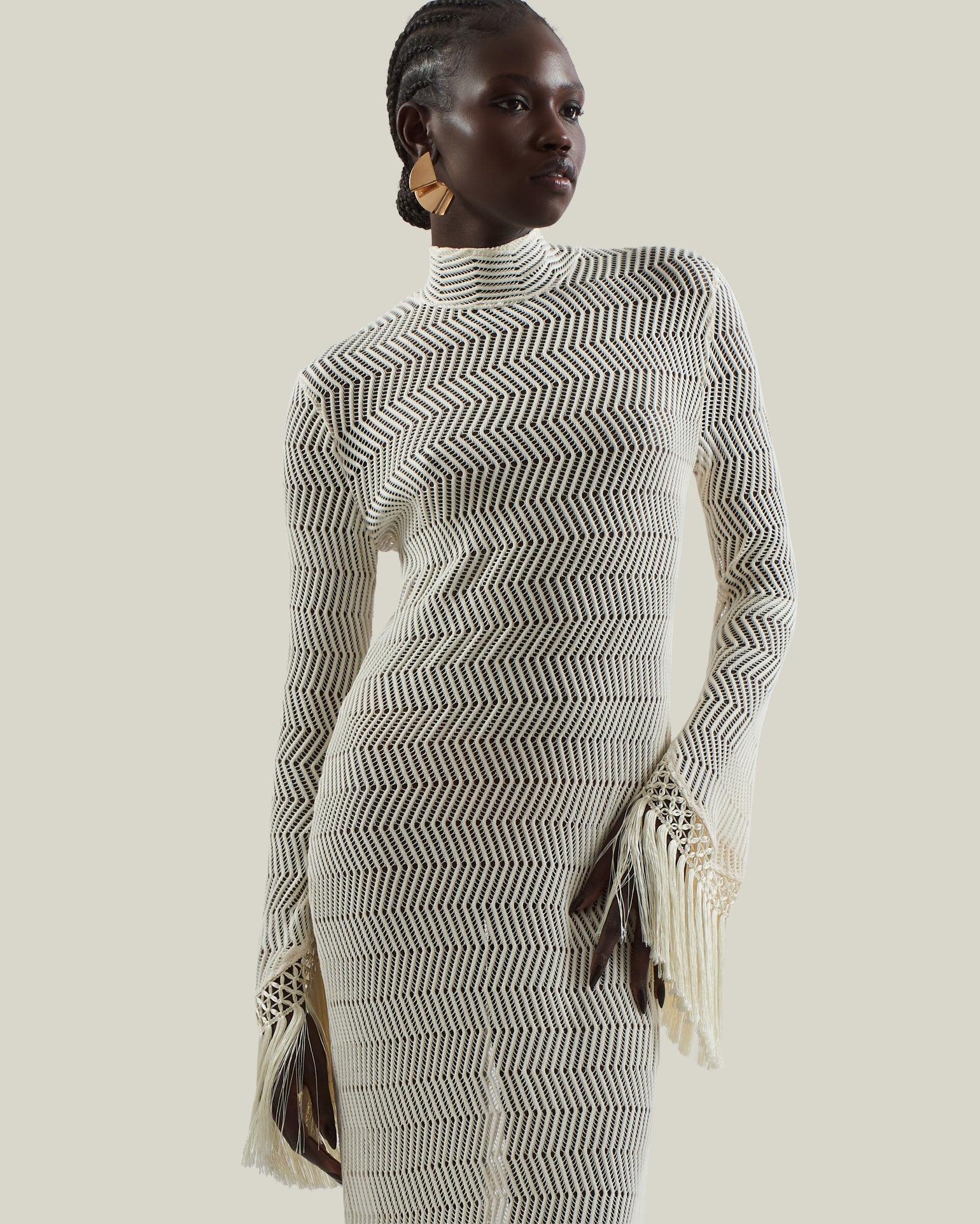 New Mexico Dress in Ivory - Knit long sleeved high neck fringed maxi dress
