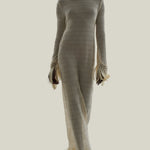 New Mexico Dress in Ivory - Knit long sleeved high neck fringed maxi dress