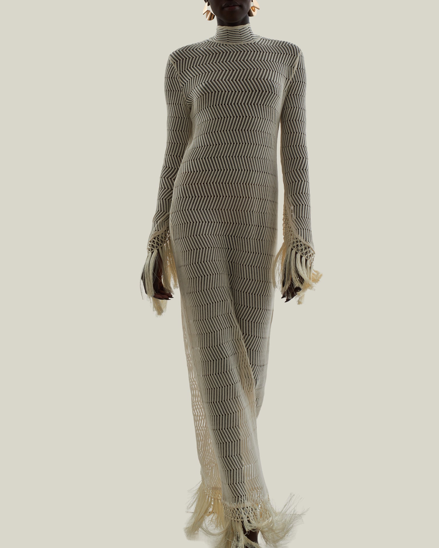 New Mexico Dress in Ivory - Knit long sleeved high neck fringed maxi dress