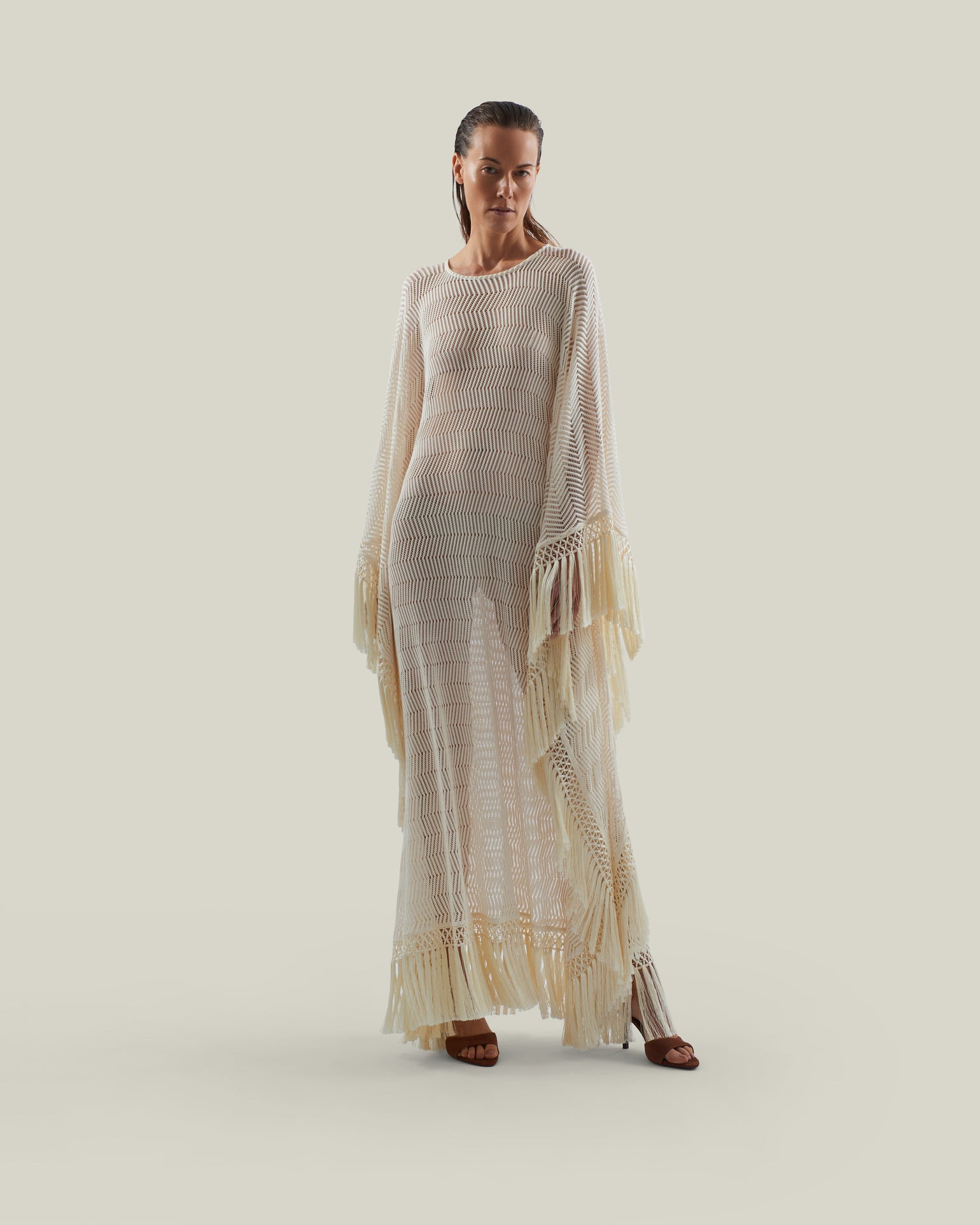 Santa Fe Kaftan in Ivory - Knit fringed maxi dress