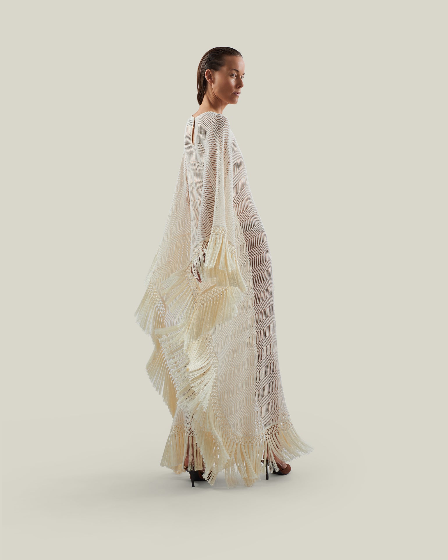 Santa Fe Kaftan in Ivory - Knit fringed maxi dress