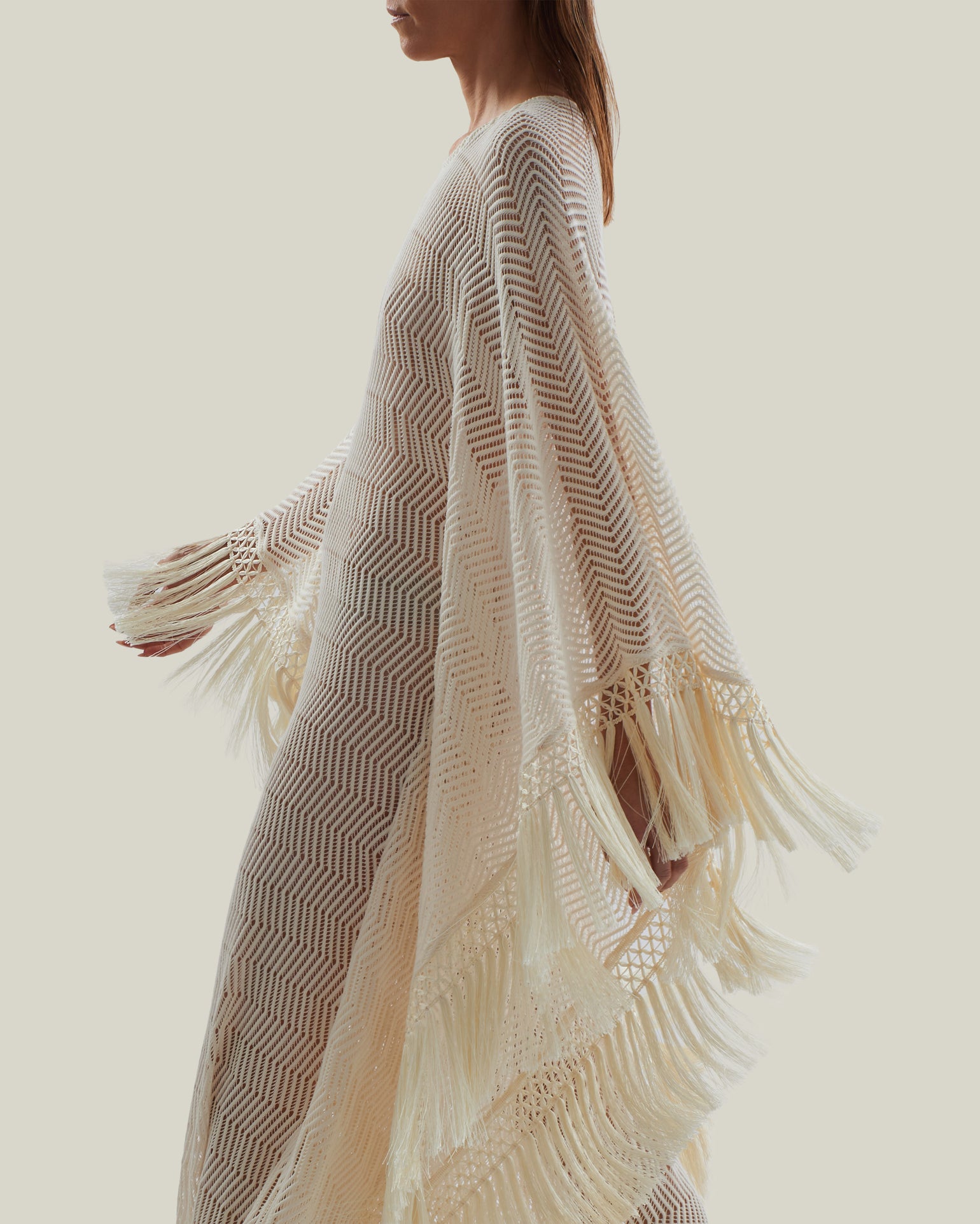 Santa Fe Kaftan in Ivory - Knit fringed maxi dress