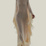 Santa Fe Kaftan in Ivory - Knit fringed maxi dress