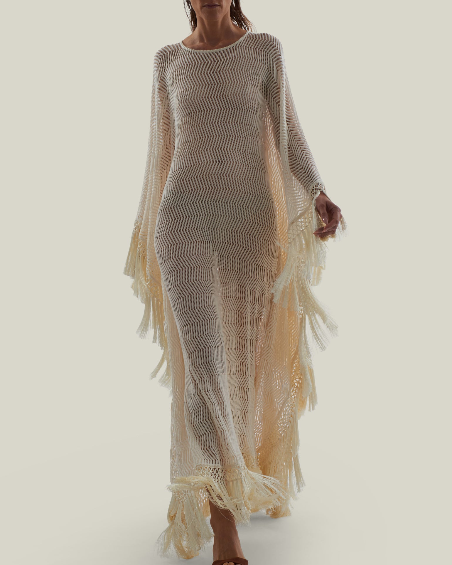 Santa Fe Kaftan in Ivory - Knit fringed maxi dress