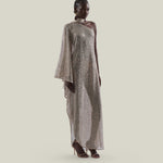 Ubud Disco Dress in White Sand - Sequined net one shoulder dress with scarf