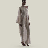 Ubud Disco Dress in White Sand - Sequined net one shoulder dress with scarf