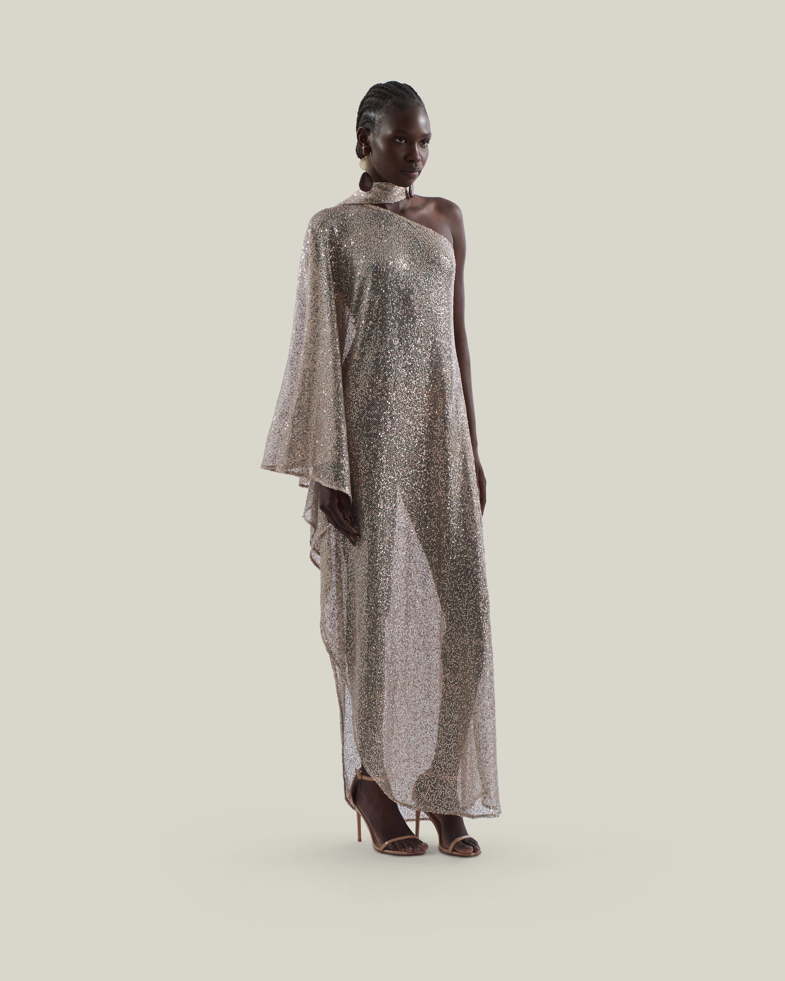 Ubud Disco Dress in White Sand - Sequined net one shoulder dress with scarf