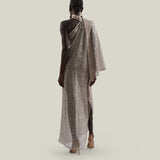 Ubud Disco Dress in White Sand - Sequined net one shoulder dress with scarf