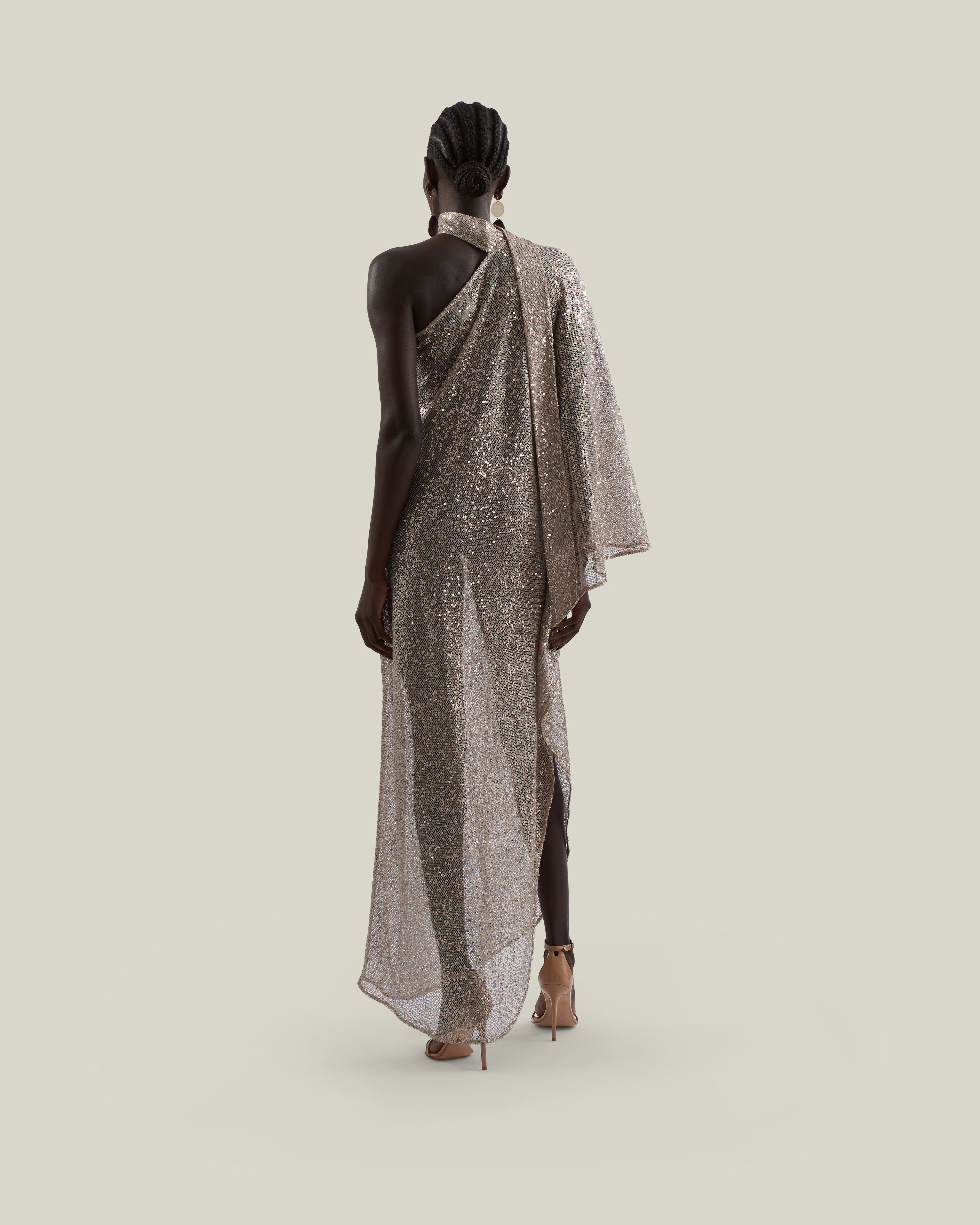 Ubud Disco Dress in White Sand - Sequined net one shoulder dress with scarf