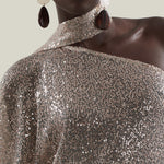 Ubud Disco Dress in White Sand - Sequined net one shoulder dress with scarf