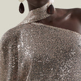 Ubud Disco Dress in White Sand - Sequined net one shoulder dress with scarf