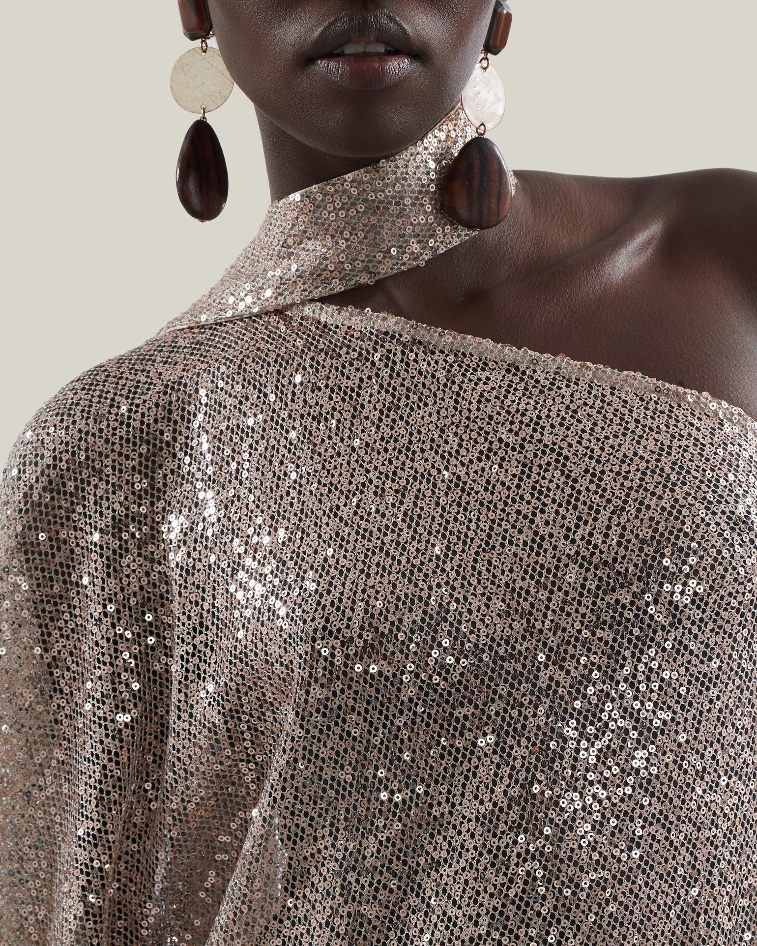 Ubud Disco Dress in White Sand - Sequined net one shoulder dress with scarf