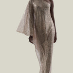 Ubud Disco Dress in White Sand - Sequined net one shoulder dress with scarf