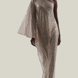 Ubud Disco Dress in White Sand - Sequined net one shoulder dress with scarf