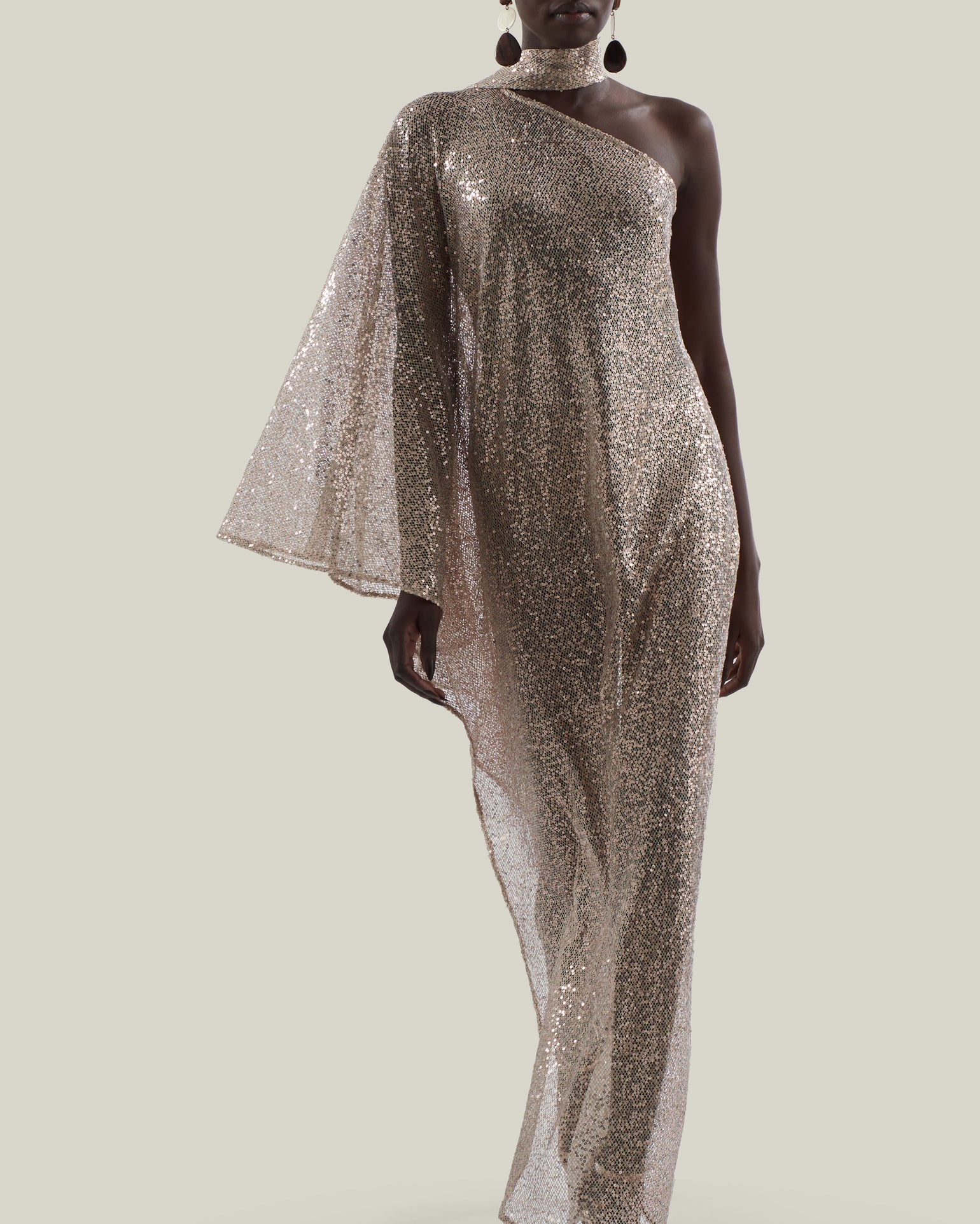 Ubud Disco Dress in White Sand - Sequined net one shoulder dress with scarf