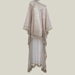 Fringed Trebbia Disco Kaftan in White Sand - Sequined net one shoulder dress with scarf