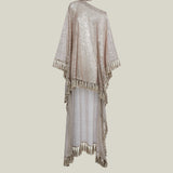 Fringed Trebbia Disco Kaftan in White Sand - Sequined net one shoulder dress with scarf
