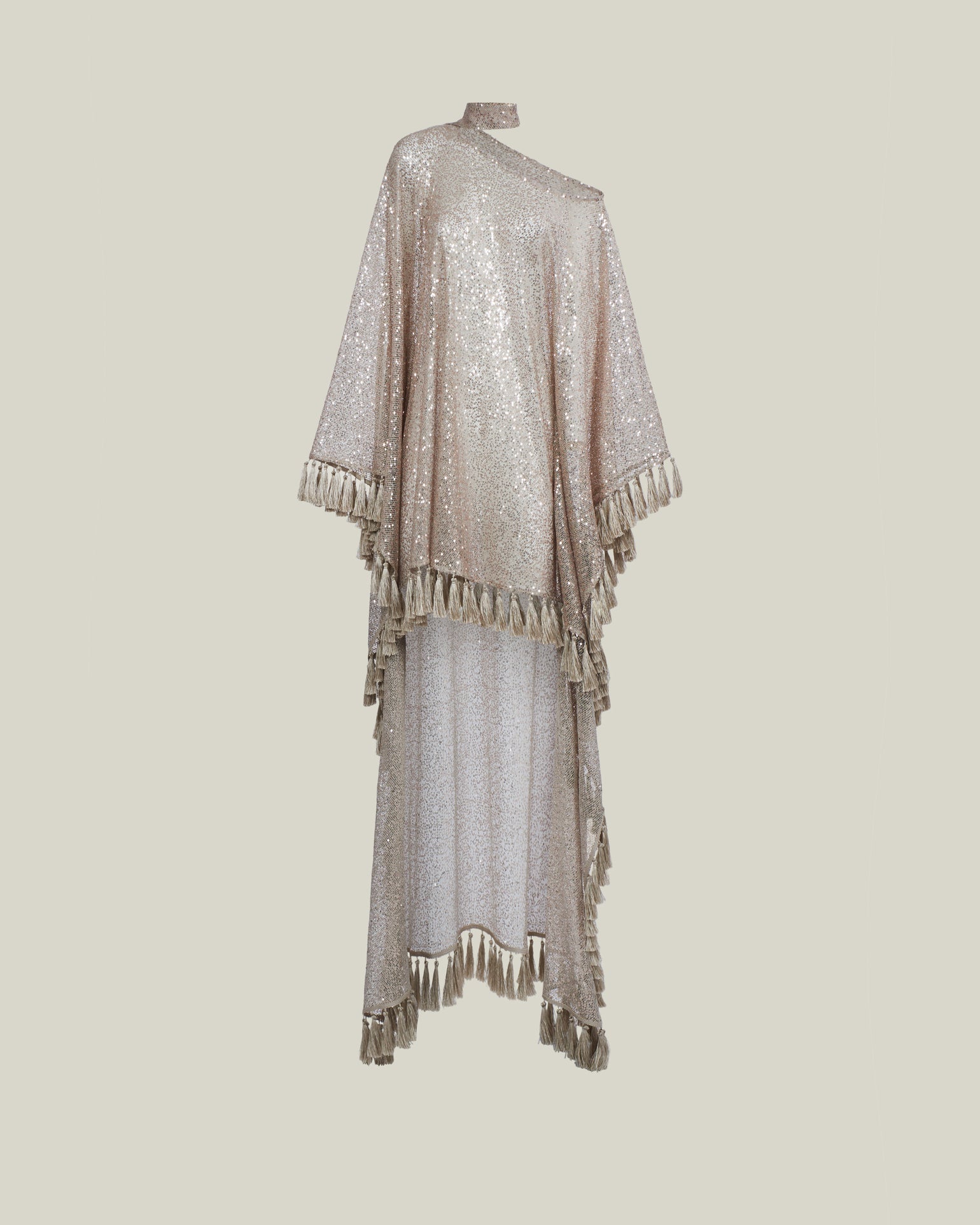 Fringed Trebbia Disco Kaftan in White Sand - Sequined net one shoulder dress with scarf