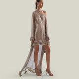 Fringed Trebbia Disco Kaftan in White Sand - Sequined net one shoulder dress with scarf