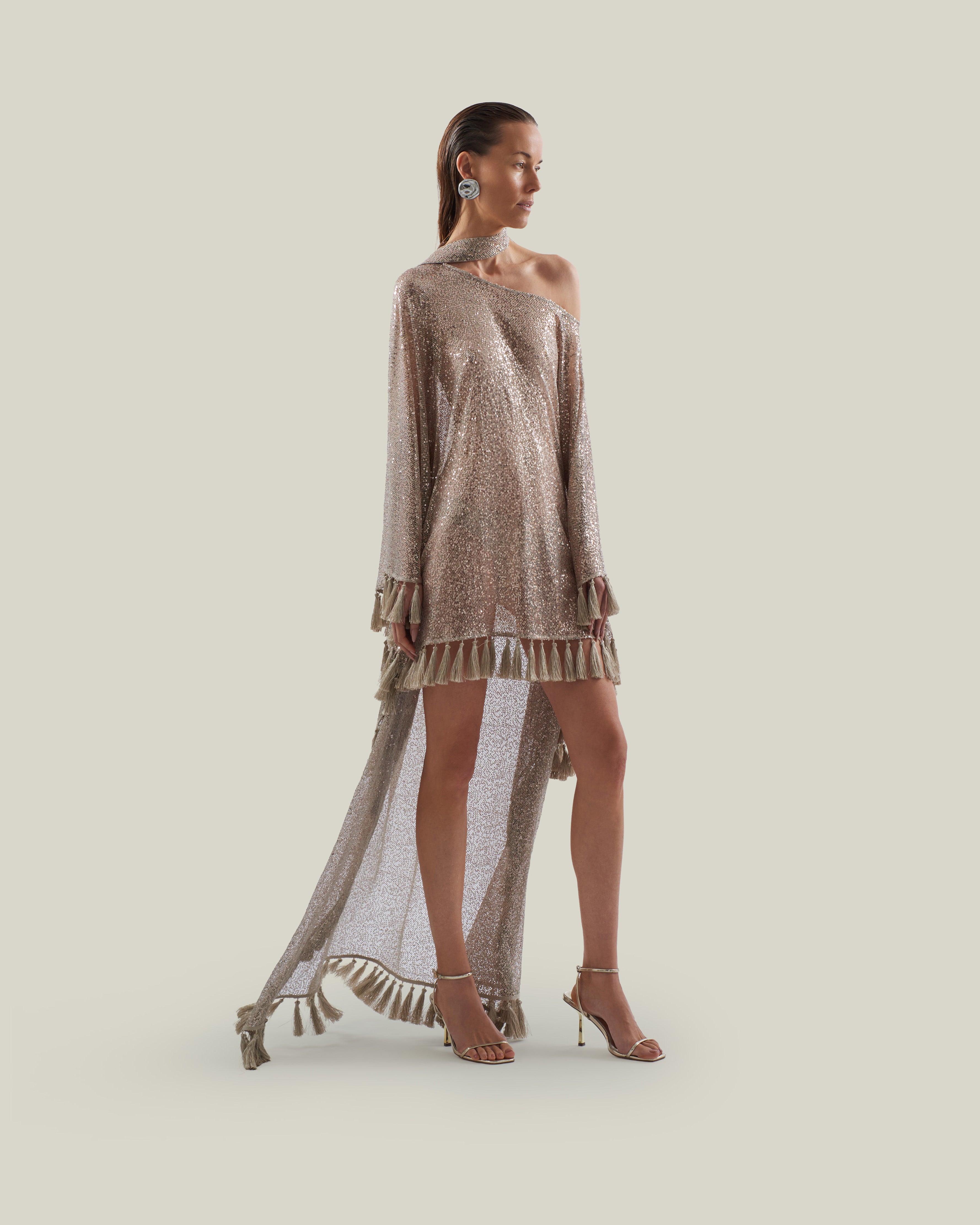 Fringed Trebbia Disco Kaftan in White Sand - Sequined net one shoulder dress with scarf