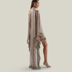 Fringed Trebbia Disco Kaftan in White Sand - Sequined net one shoulder dress with scarf
