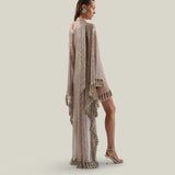 Fringed Trebbia Disco Kaftan in White Sand - Sequined net one shoulder dress with scarf