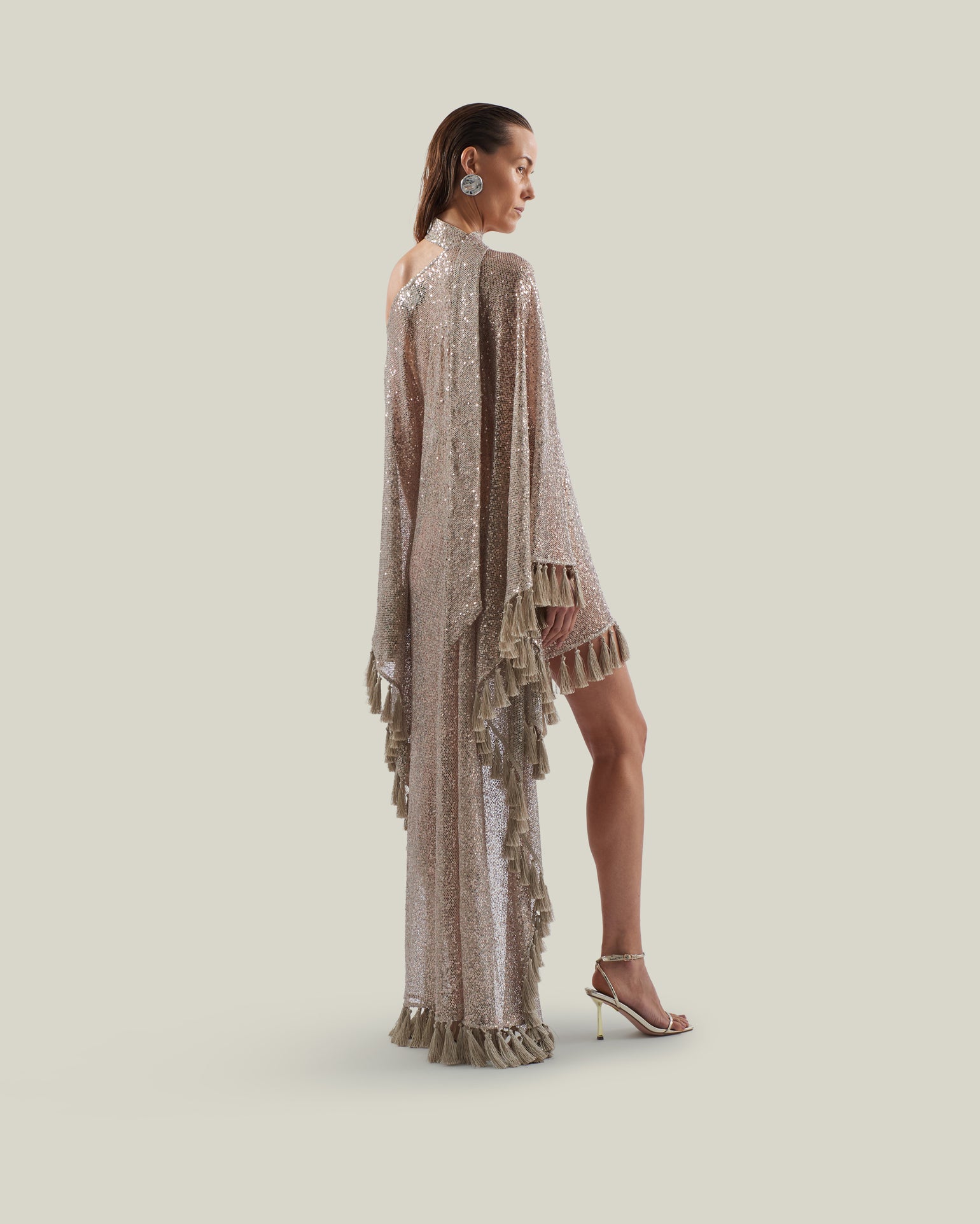 Fringed Trebbia Disco Kaftan in White Sand - Sequined net one shoulder dress with scarf