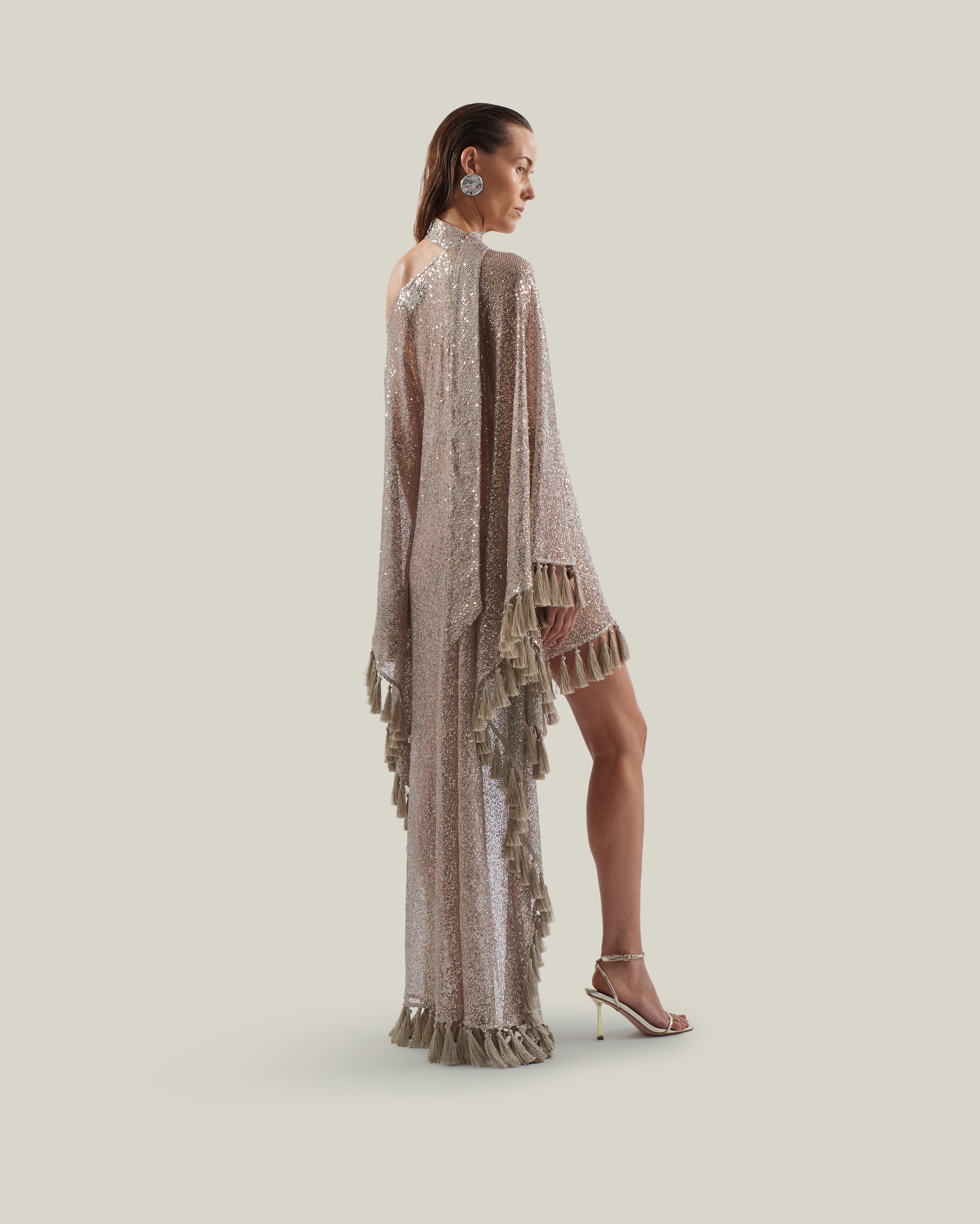 Fringed Trebbia Disco Kaftan in White Sand - Sequined net one shoulder dress with scarf