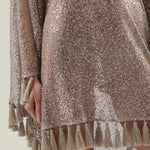 Fringed Trebbia Disco Kaftan in White Sand - Sequined net one shoulder dress with scarf