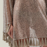 Fringed Trebbia Disco Kaftan in White Sand - Sequined net one shoulder dress with scarf