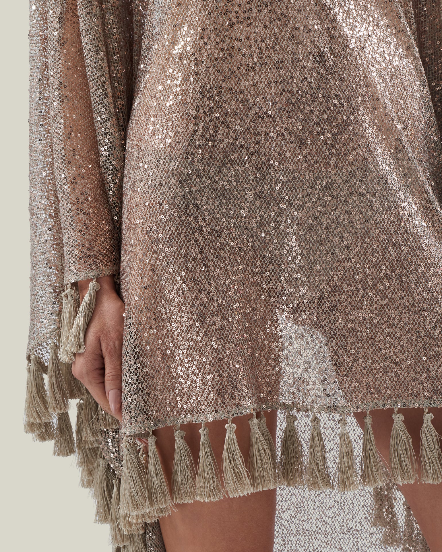 Fringed Trebbia Disco Kaftan in White Sand - Sequined net one shoulder dress with scarf