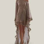 Fringed Trebbia Disco Kaftan in White Sand - Sequined net one shoulder dress with scarf