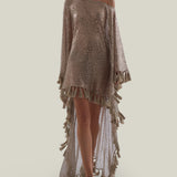 Fringed Trebbia Disco Kaftan in White Sand - Sequined net one shoulder dress with scarf